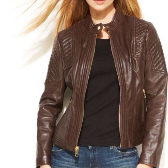 MICHAEL Michael Kors Women’s Brown 100% Leather Moto Jacket in Small - Picture 15 of 16